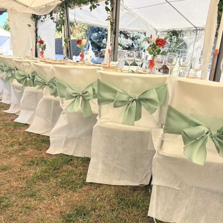 Location de nœuds de chaise en satin vert sauge à Toulouse – Maison Lily